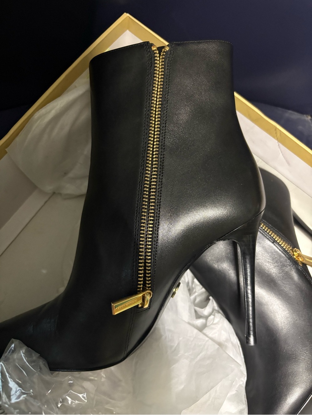 MICHAEL Michael Kors Black Leather Stiletto Ankle Boot with Gold Zip